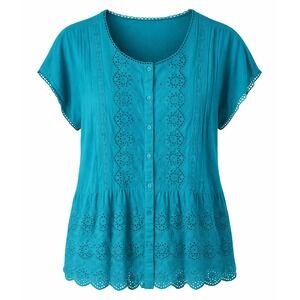 Sundance Teal Blue Eyelet Lace Cotton Button Front Blouse Top XL Boho Pintuck